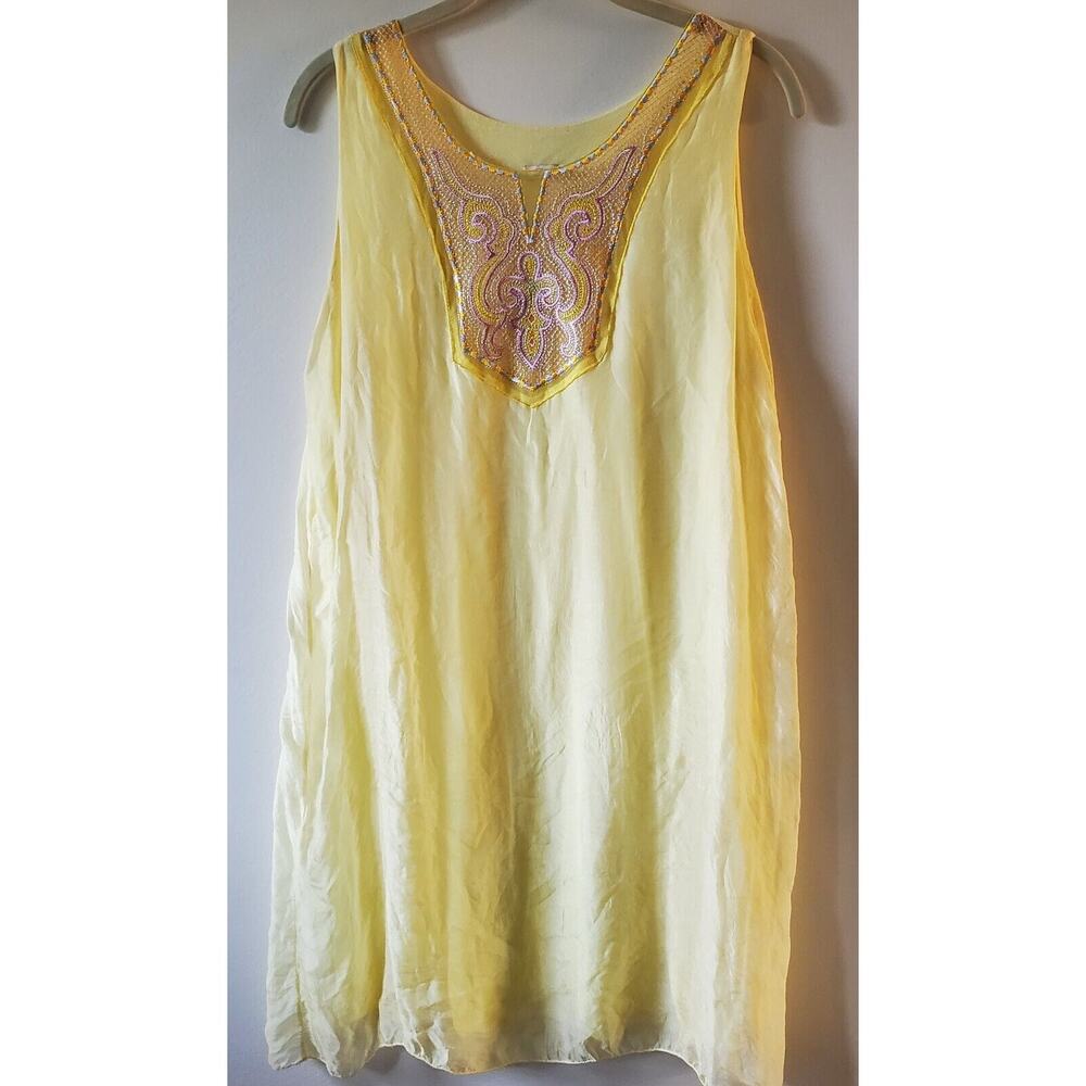 Pura Seta 100% Silk Sleeveless Med Tank Dress Embroidered Vintage Romantic Sheer